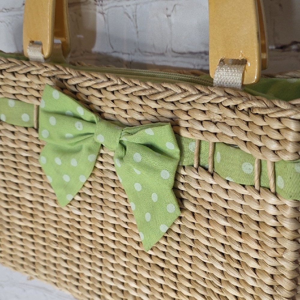 Vintage Woven Straw Tote Bag | Wood Handles | Lime Green Bow Coastal Grandma - Picture 2 of 11